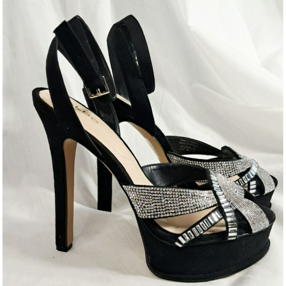 ALDO Laclabling Rhinestone Platform Ankle Strap Heels Black Suede Size 7.5 Eu 38
